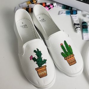 Hand painted cactus shoes slip on canvas size 8